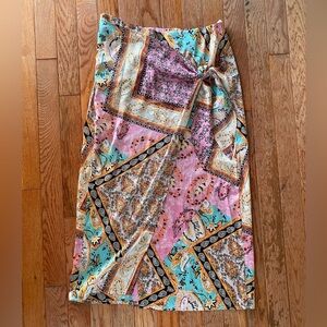 pink and yellow patterned paisley floral wrap silk midi skirt